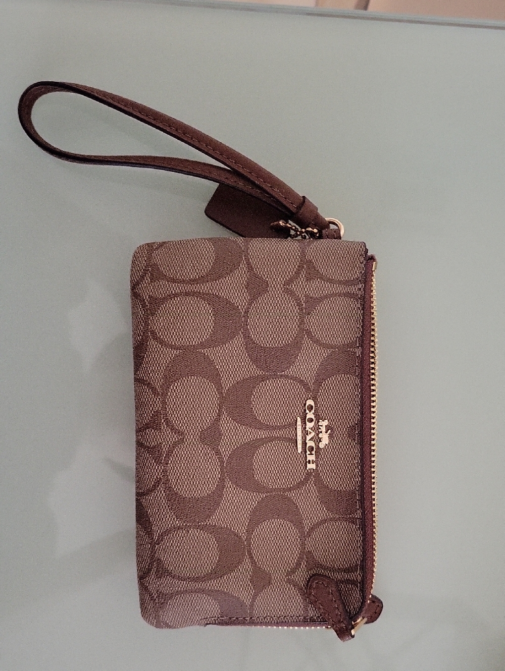 Coach Khaki Saddle 2 Monogram Double Corner Zip Wristlet with Gold Hardware